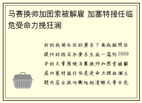 马赛换帅加图索被解雇 加塞特接任临危受命力挽狂澜